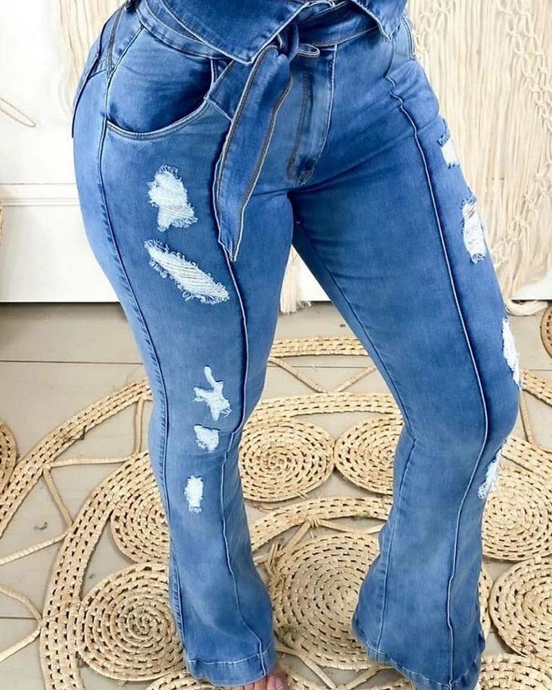 

Ripped High Waist Bootcut Jeans, Blue