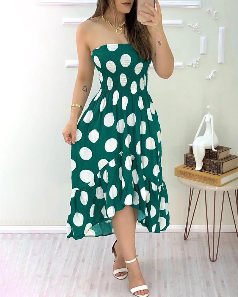 

Polkadot Print Bandeau Ruffles Shirring Dress, Green