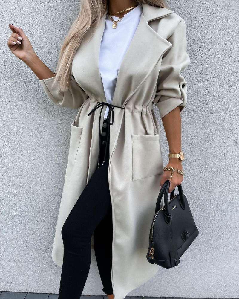 

Pocket Design Drawstring Casual Coat, Beige