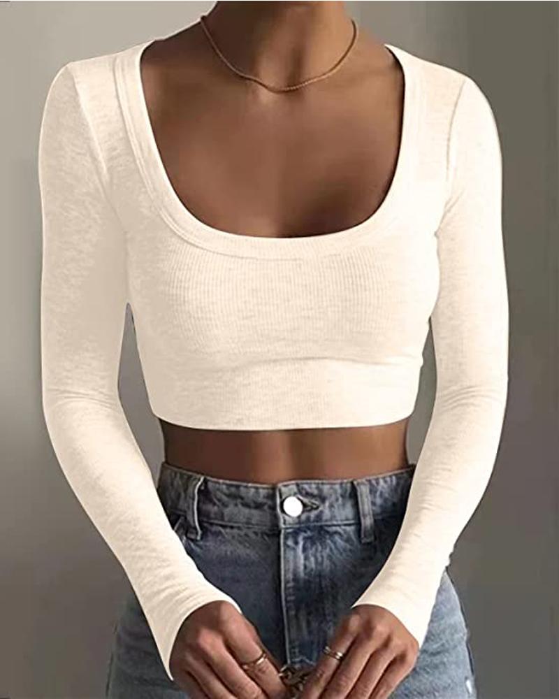 

Long Sleeve U-Neck Crop Top, Apricot
