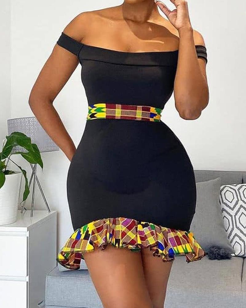 

Geo Patch Ruffle Hem Off Shoulder Bodycon Dress, Black