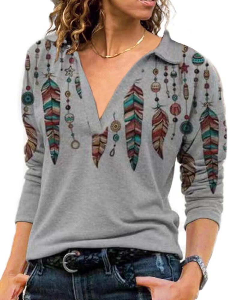 

Graphic Print Long Sleeve Top, Gray