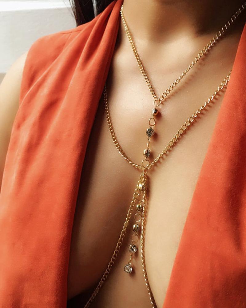 

1pc Rhinestone Tassel Layered Beach Bra Chain, Gold