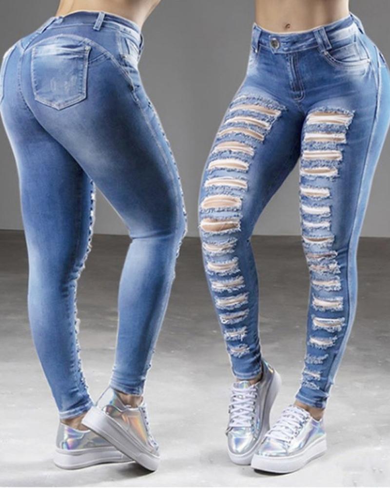 

Zipper Fly Washed Cutout Ripped Skinny Jeans, Lighted blue