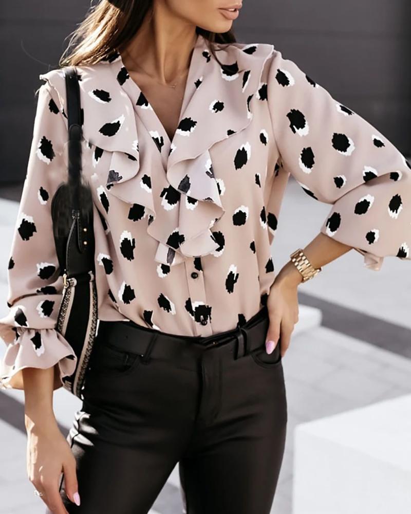 

Bell Sleeve Allover Print Ruffles V Neck Top, Apricot