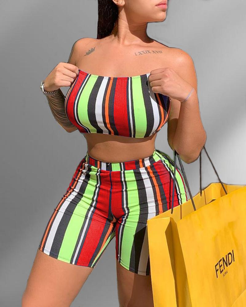 

Color Block Striped Skinny Cropped Tube Top With Short Pants Suit Sets, Red