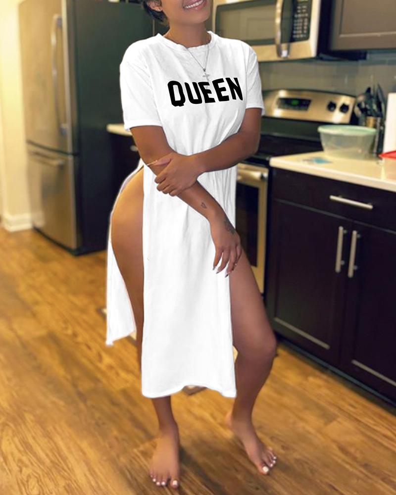 

High Slit Short Sleeve Letter Print Dress, White