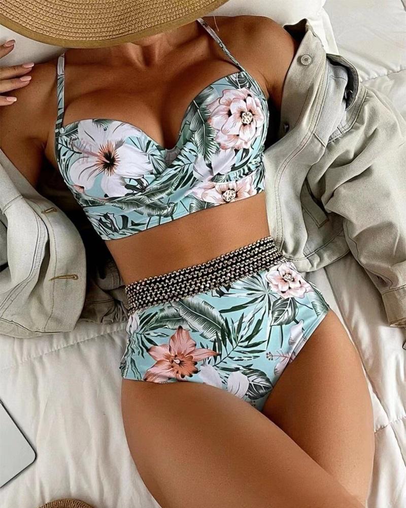 Ensemble de bikini de plage d'été croisé à imprimé tropical