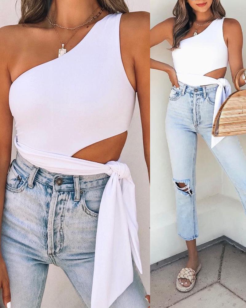 

One Shoulder Cutout Tie Side Bodysuit, White