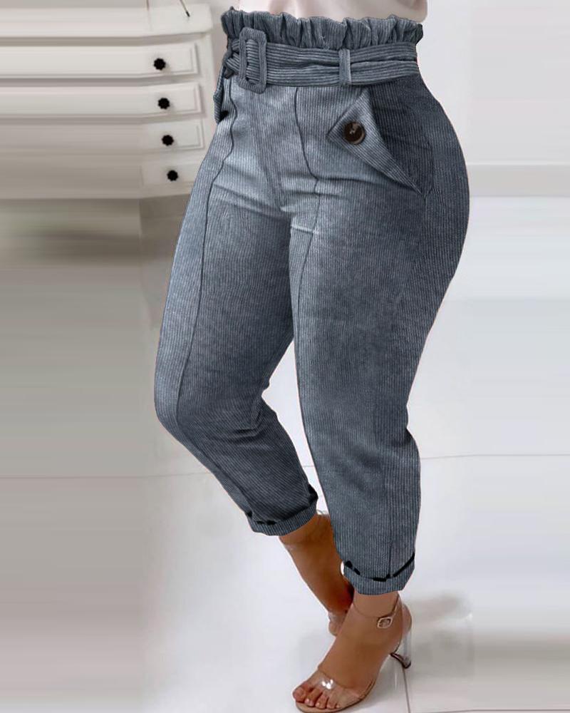 

Frill Hem Pocket Design Casual Pants, Gray