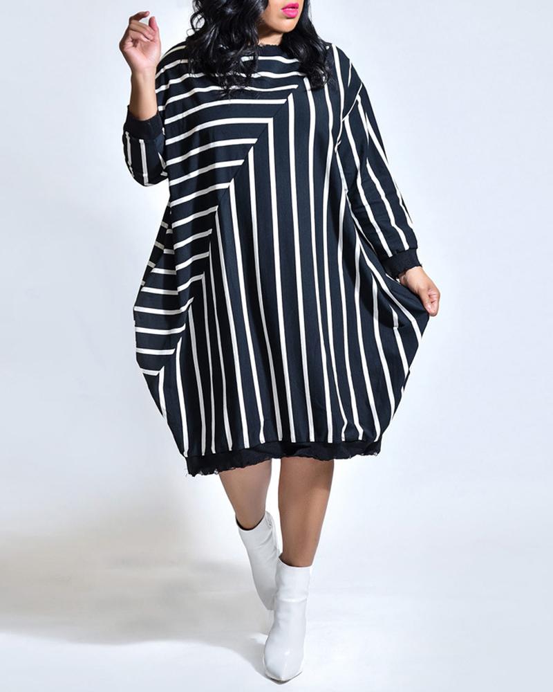 

Plus Size Striped Print Patchwork Casual Dress, Black