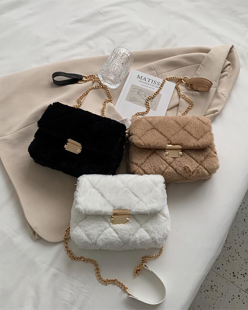 

Fuzzy Quilted Chain Shoulder Bag, White