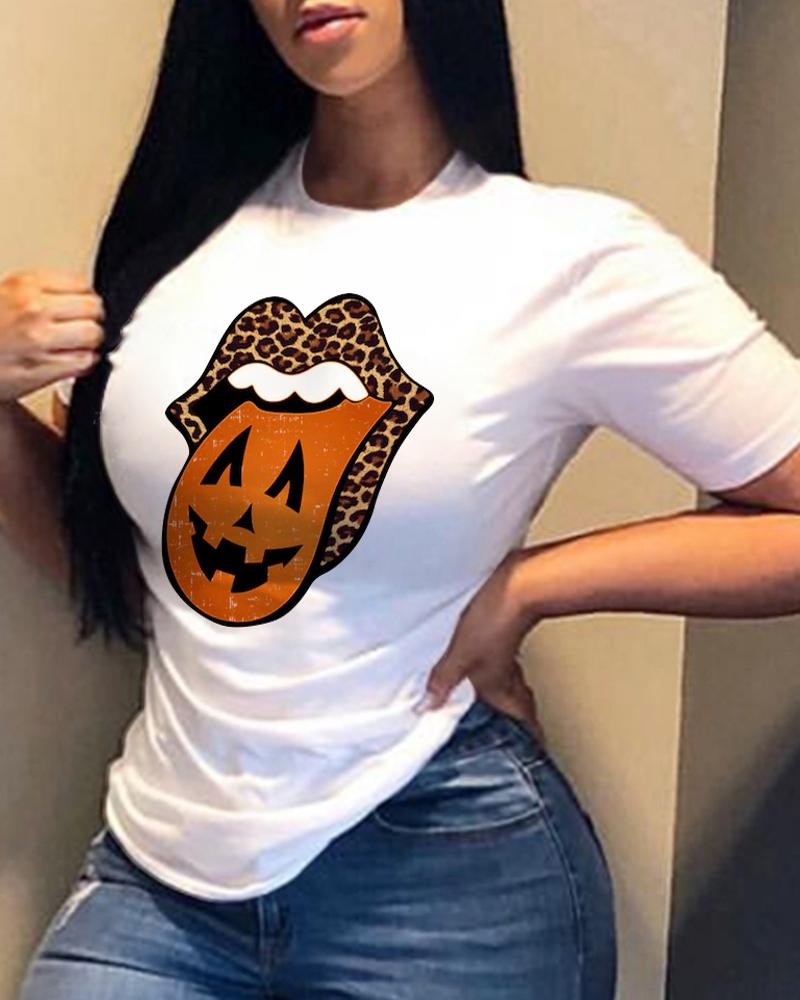 

Halloween Lip Pumpkin Print Short Sleeve Top, White