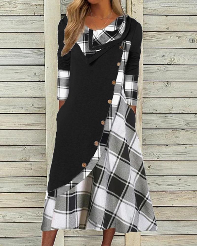 

Contrast Plaid Button Decor Long Sleeve Casual Dress, Black