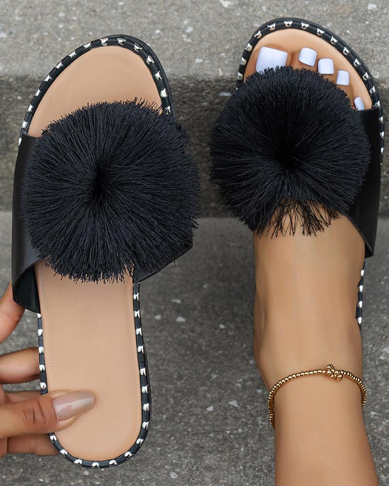 

Fuzzy Pom Pom Wide Strap Slippers, Black