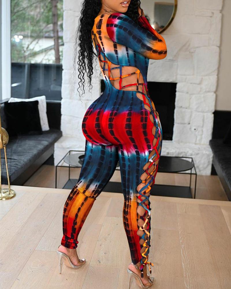 

Tie Dye Lace Up Side Long Sleeve Jumpsuit, Multicolor