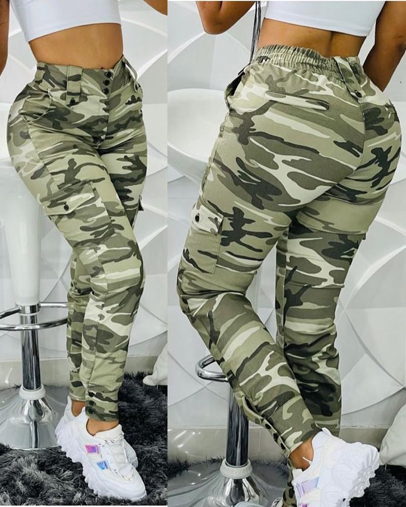

Camouflage Print Zipper Fly Button Decor Pocket Skinny Pants, Camoflage