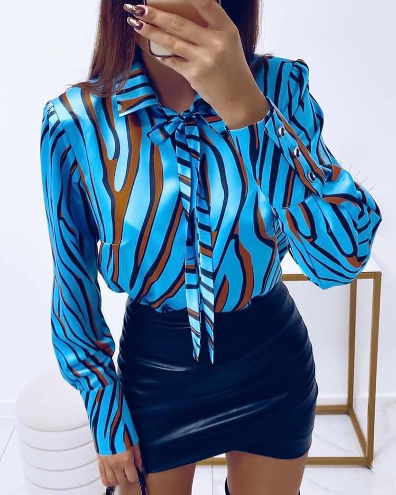 

Abstract Print Long Sleeve Tied Detail Shirt, Blue