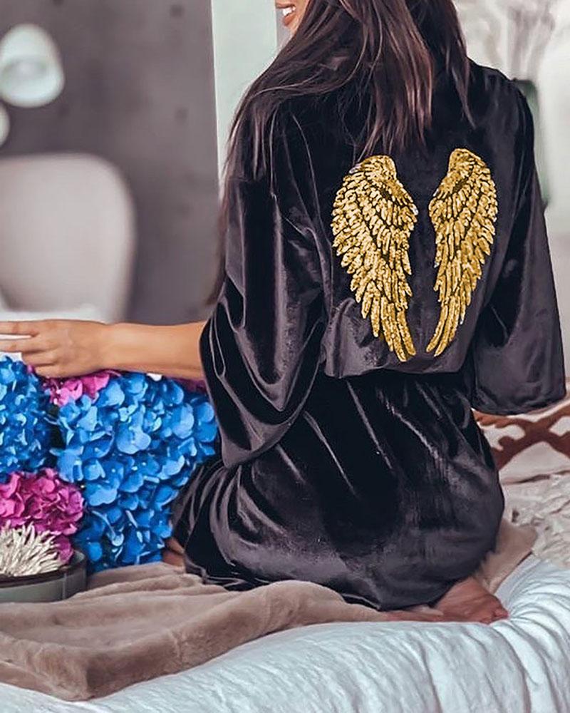 

Wing Pattern Velvet Long Sleeve Robe, Black