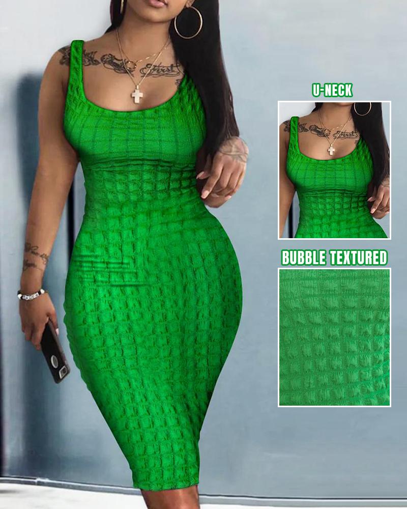 

Sleeveless U-Neck Textured Bodycon Dress, Green