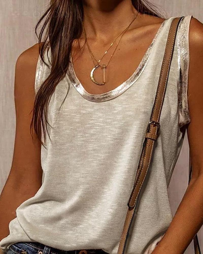 

V-Neck Bronzing Trim Tank Top Casual Sleeveless Loose T-shirt, Pink