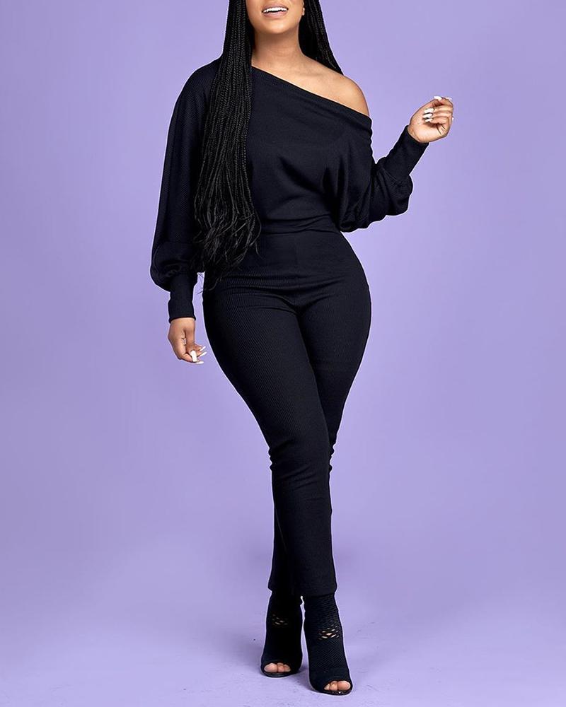 

Solid Long Sleeve One Shoulder Jumpsuit, Black