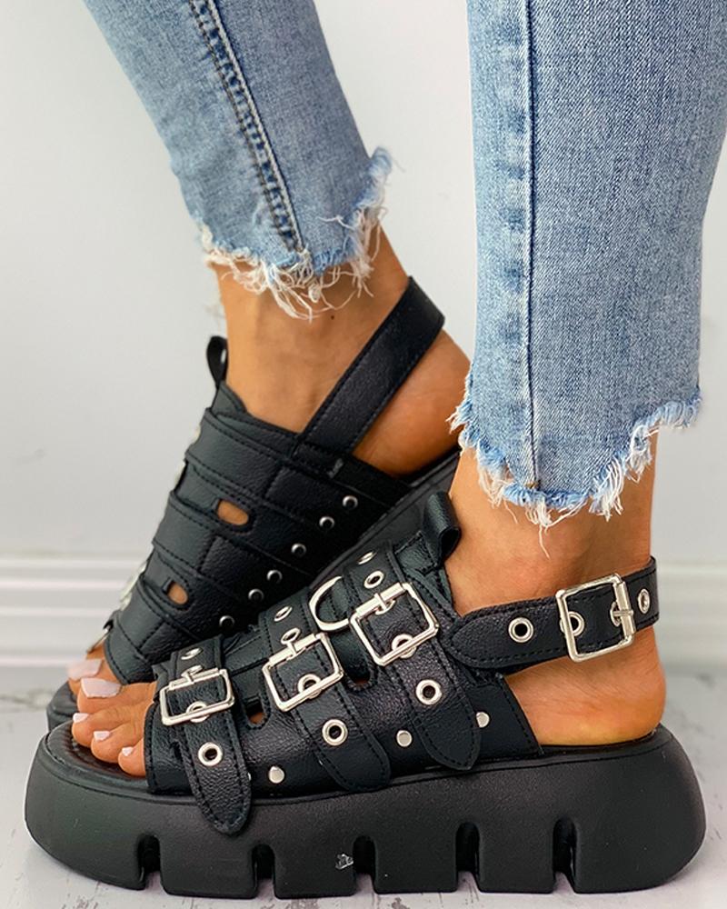 

Eyelet Buckled Peep Toe Flatform Sandals, Black