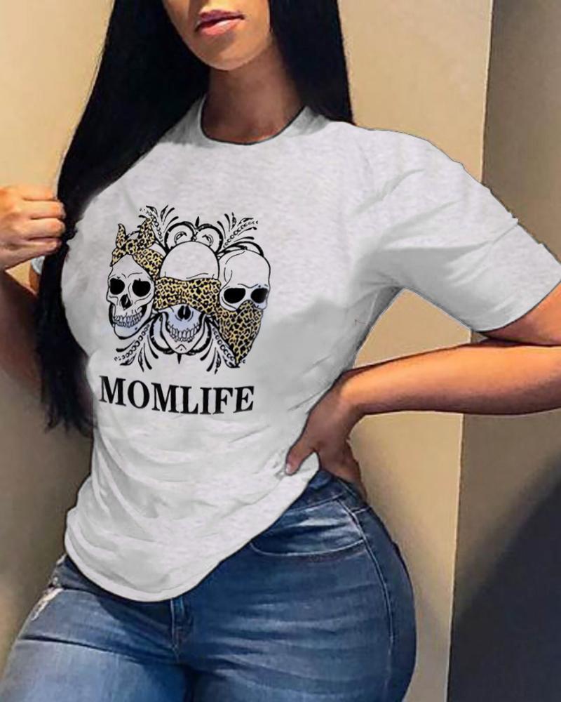 

Skull Letter Print Short Sleeve T-shirt, Gray