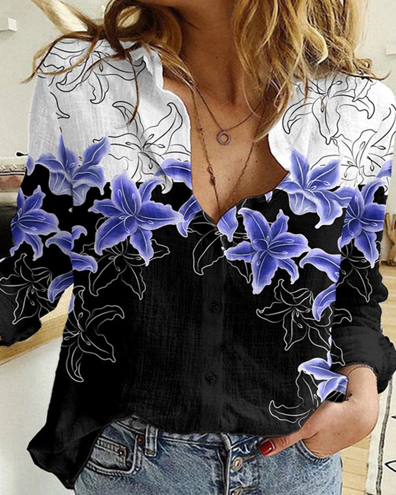 

Colorblock Floral Print Long Sleeve Buttoned Top, Blue
