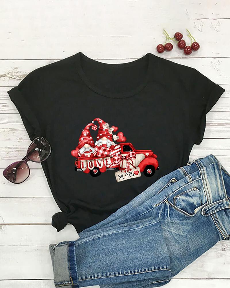 

Valentine' Day Car Dwarf Heart Print O-Neck T-shirt, Black