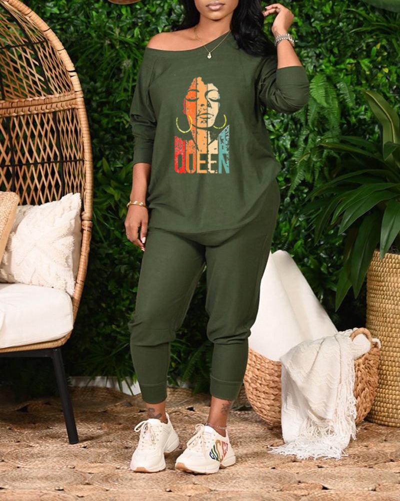 

Figure Print Long Sleeve Casual Top & Pants Set, Army green