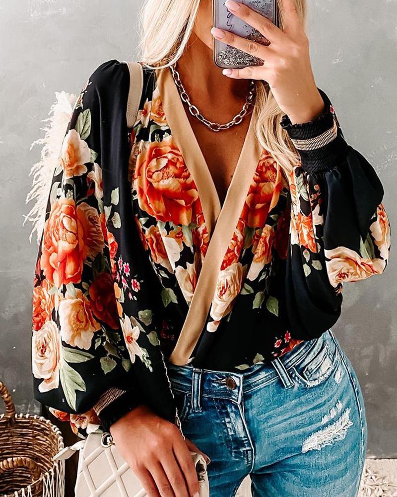 

Floral Print Lantern Sleeve Shirred Top, Multicolor