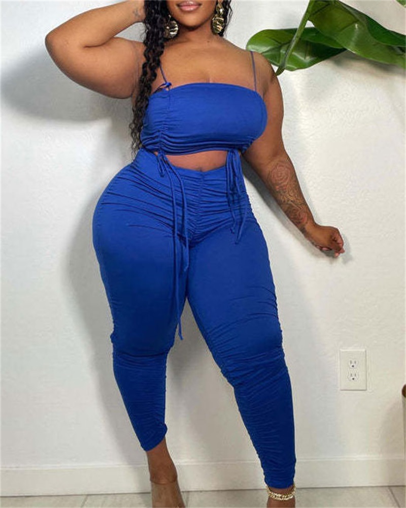 

Drawstring Ruched Crop Cami Top & Pants Set, Blue
