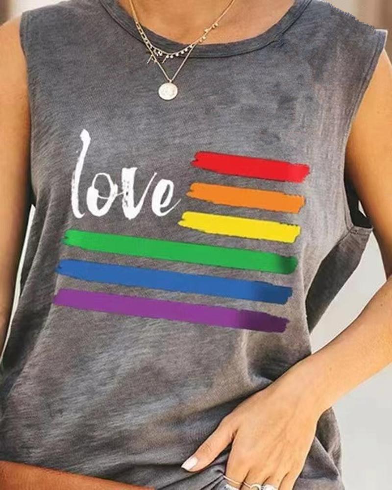 

Rainbow Stripe Letter Print Cutout Tank Top, Multicolor