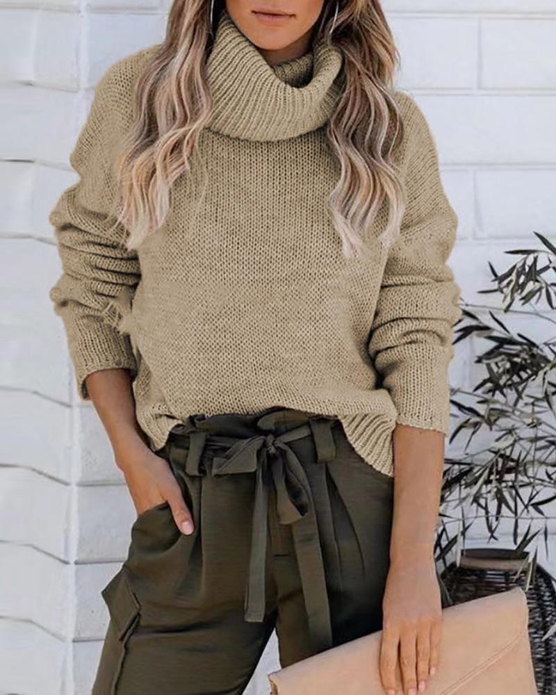 

High Neck Long Sleeve Cutout Knit Sweater, Khaki