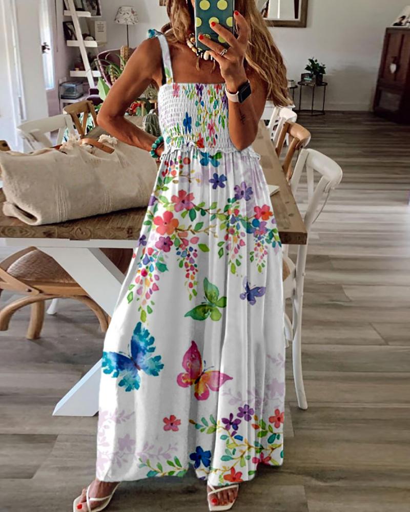 

Floral Butterfly Print Shirred Frill Hem Maxi Dress, White