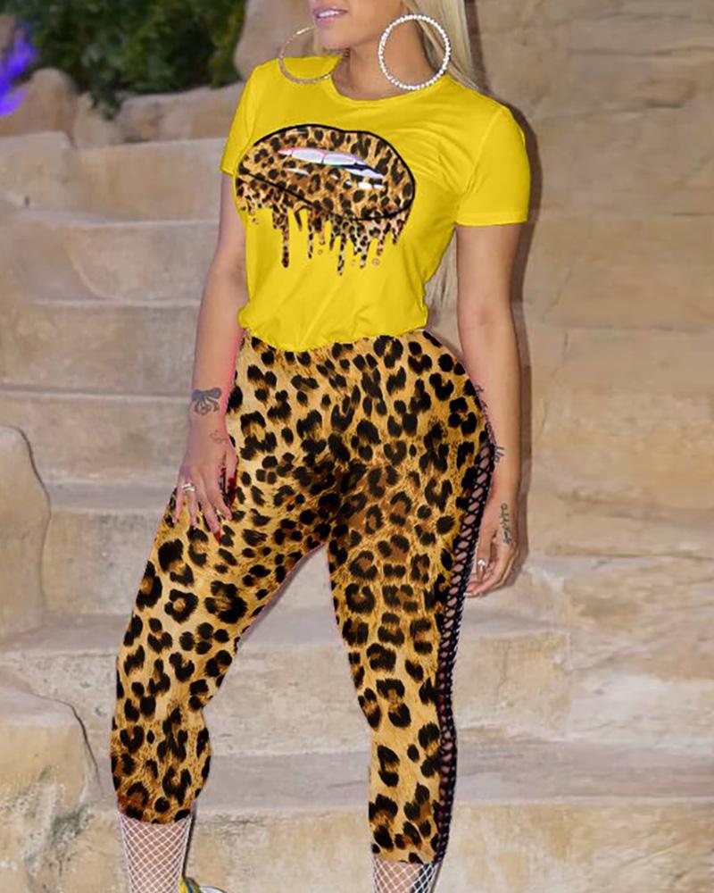 

Mouth Pattern T-shirt & Leopard Lace-up Trim Pants Sets, Yellow