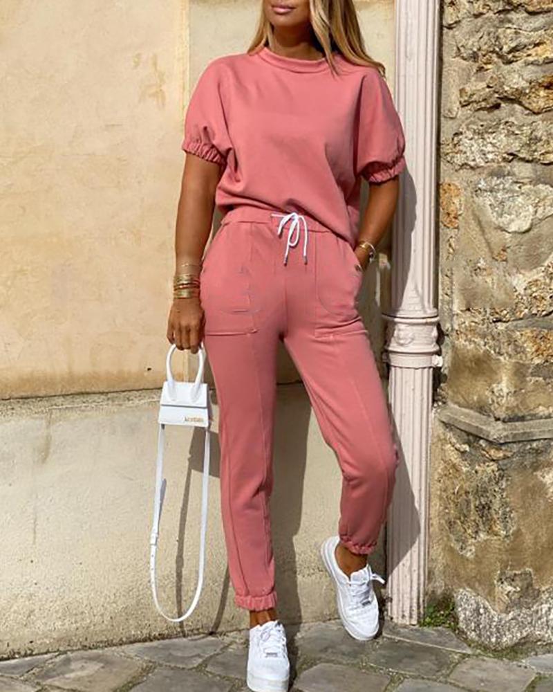 

Solid Short Sleeve Drawstring Top & Pant Sets, Pink