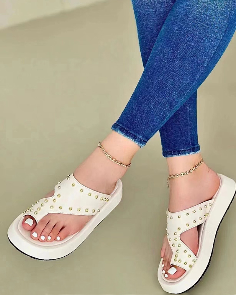 

Studded Hollow Out Toe Post Slippers, White