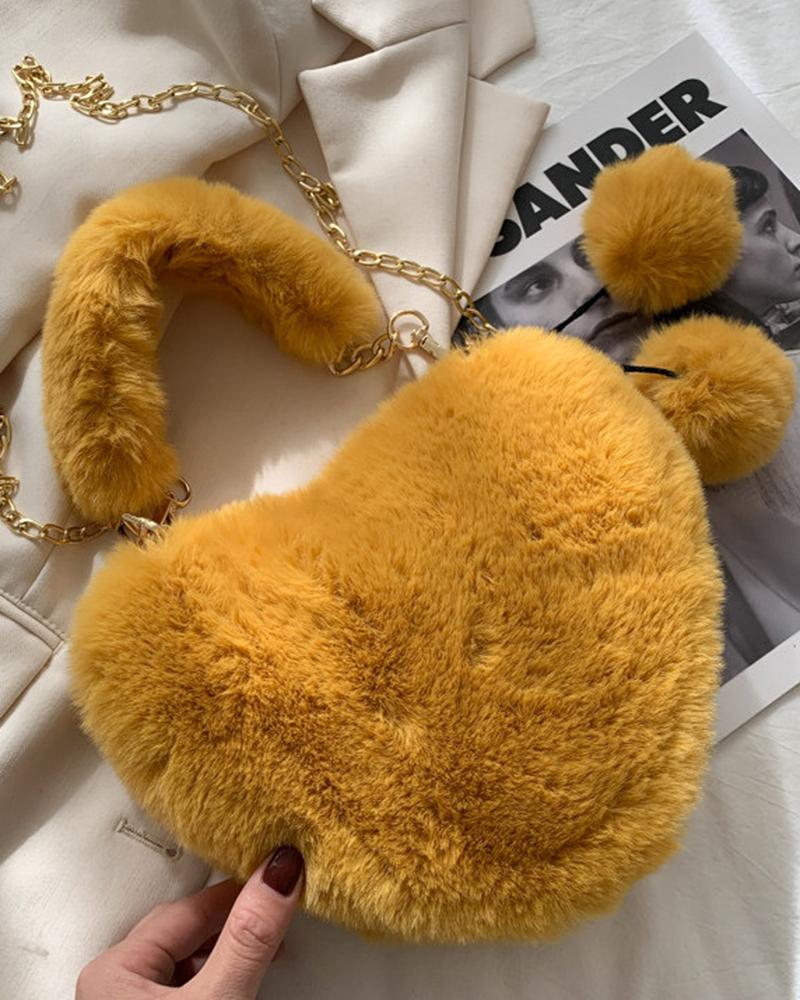 

Fluffy Heart Shaped Pom Pom Chain Strap Handbag, Yellow