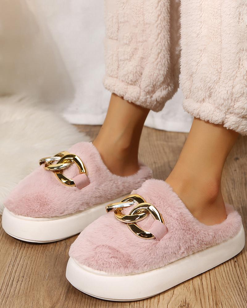 

Chain Decor Fuzzy Round Toe Soft Slippers, Pink