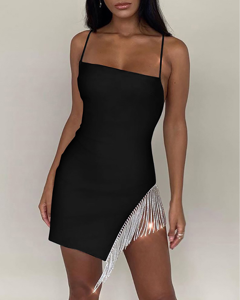 

Rhinestone Tassel Design Spaghetti Strap Party Dress, Black