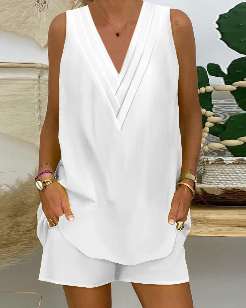 

Ruched Tank Top & Pocket Design Shorts Set, White