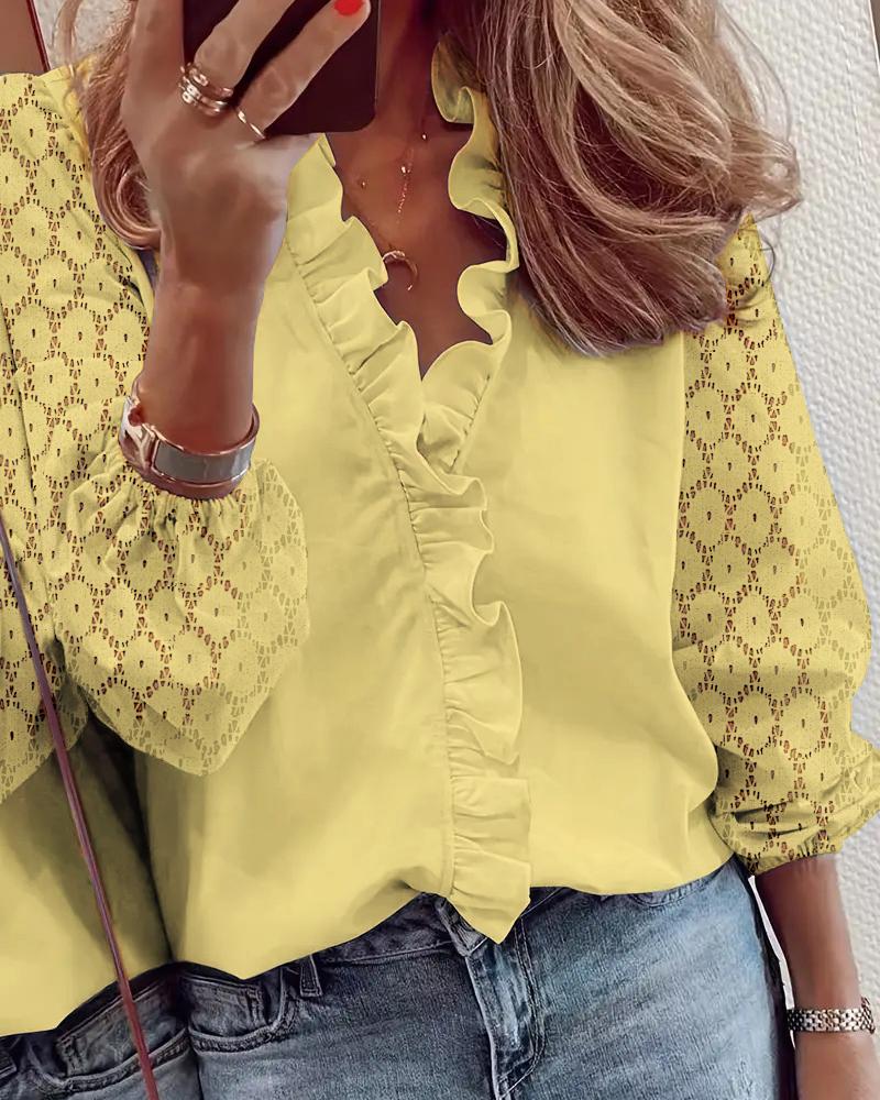 

Frill Hem Buttoned Lace Patch Top, Yellow