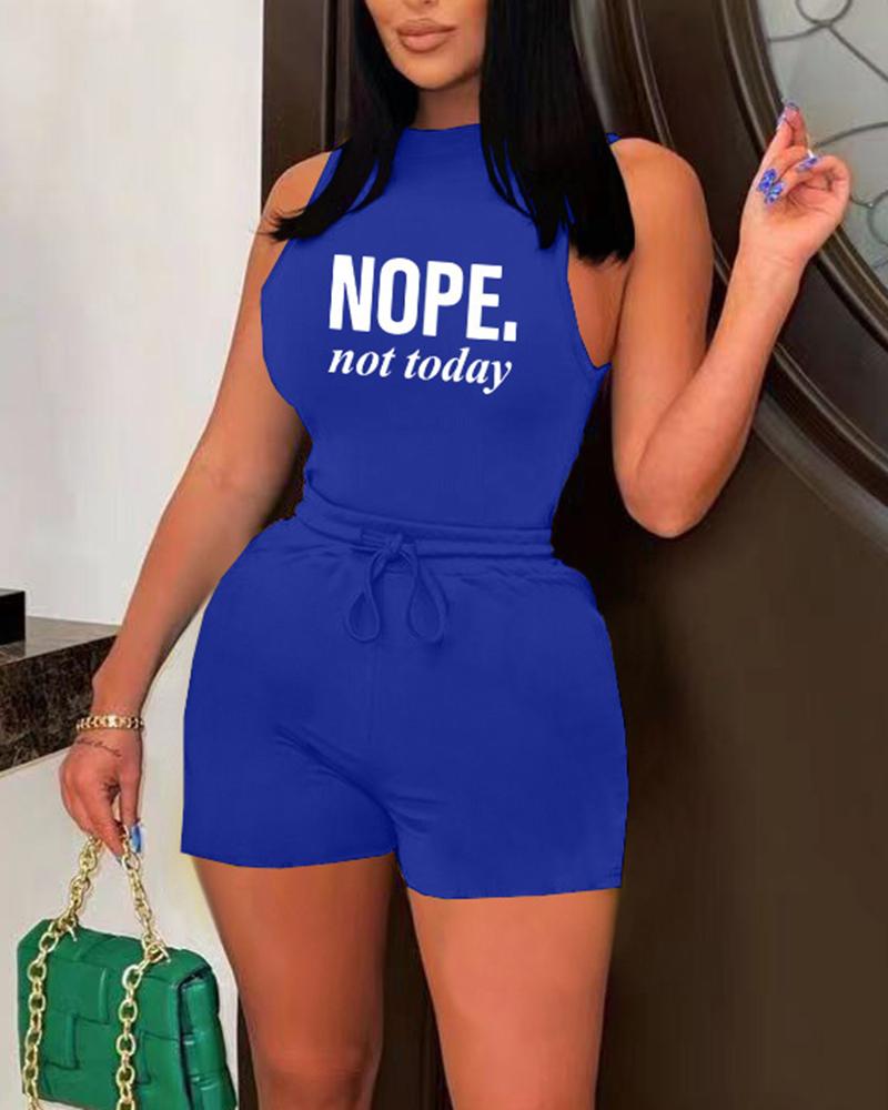 

Nope Not Today Print Mock Neck Top & Drawstring Shorts Set, Blue