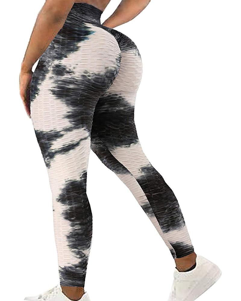 

Tie Dye Print Bubble Textured High Waist Yoga Pants Tummy Control Slimming Booty Leggings, Black