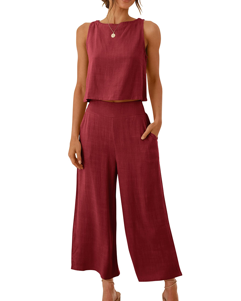 

Round Neck Top & Pocket Design Wide Leg Pants Set, Dark red