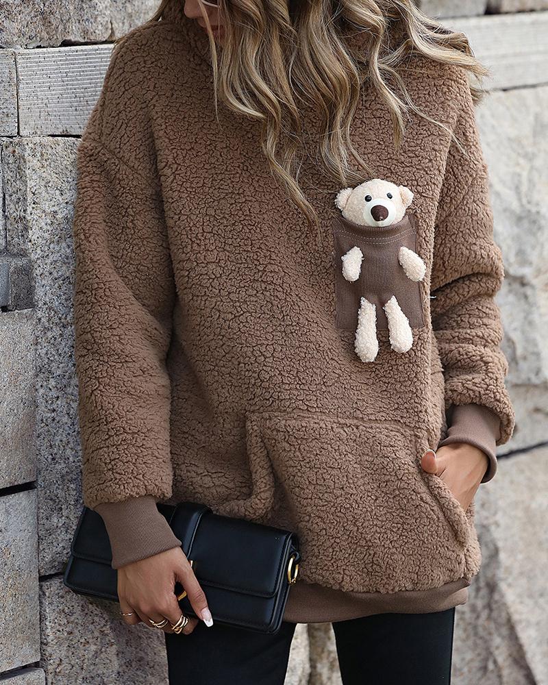 

Bear Pattern Pocket Design Teddy Hoodie, Dark brown