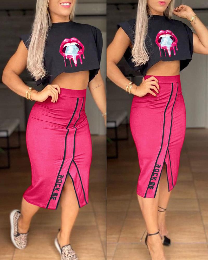 

Lip Ice Print Short Sleeve Top & Slit Skirt Set, Hot pink
