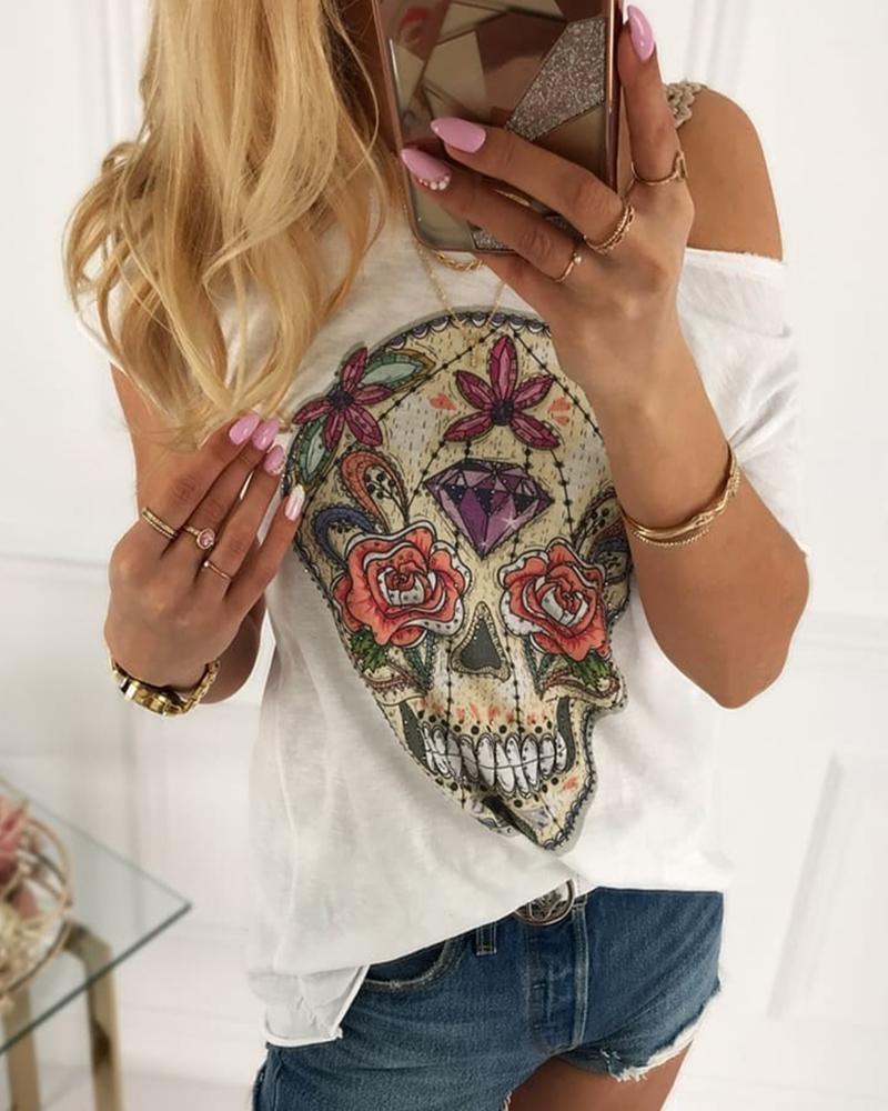 

Skull Print Short Sleeve Casual T-shirt, White